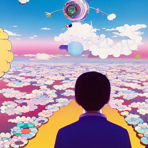 Image similar to a man walking on clouds away from the camera above kyoto by takashi murakami, beeple and james jean, aya takano color style, 4 k, super detailed, modern, 4 k, symmetrical