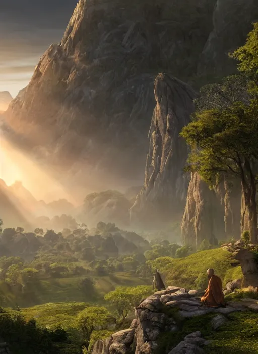 Prompt: a cosmic monk in lord of the rings scenery landscape, looking out at a vast lush valley at sunrise, temple castle in the distance, god's rays, highly detailed, vivid color, cinematic lighting, perfect composition, 8 k, gustave dore, derek zabrocki, greg rutkowski, belsinski, octane render