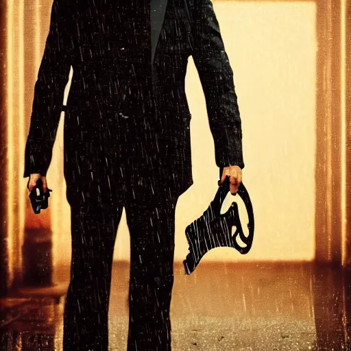 Image similar to john wick playing a guitar in the rain, photorealistic, realistic, dramatic, cinematic, photography