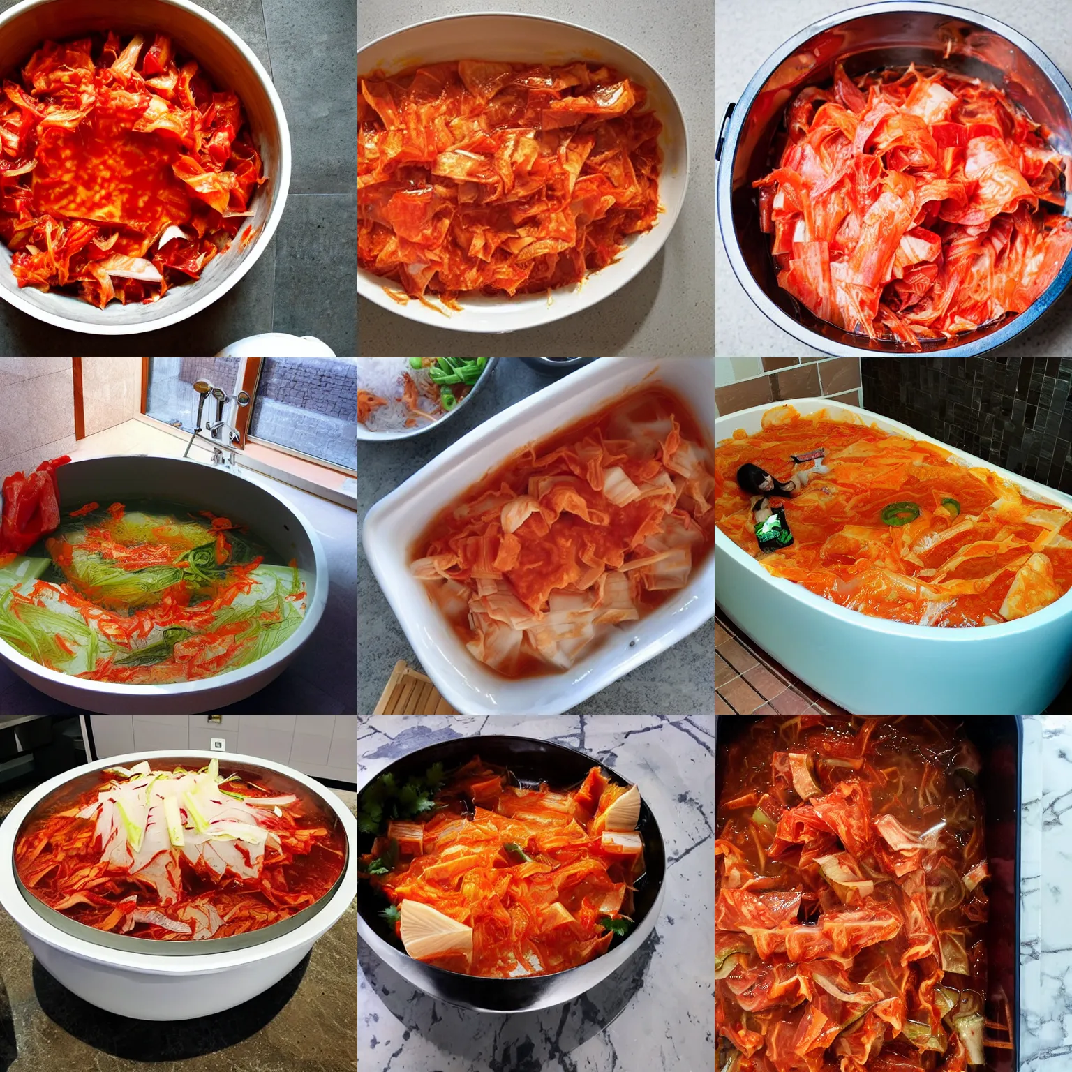 Prompt: a bathtub full of kimchi