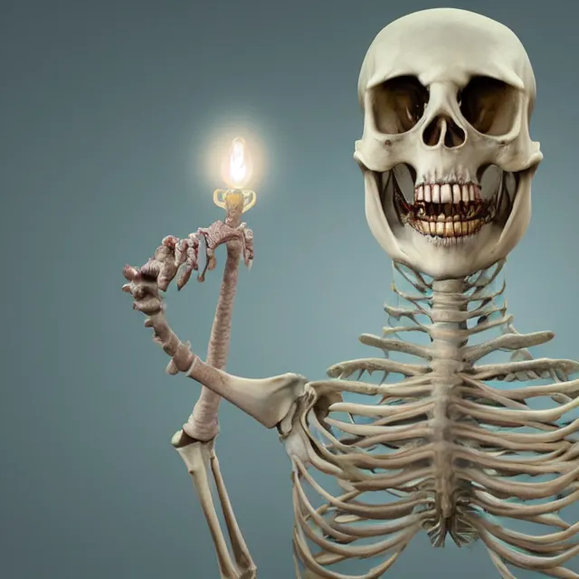 Prompt: a beautiful, hyperrealism, naturalistic 3 d rendered matte painting and symmetrical portrait of a glee skeleton wearing a white string attached light blue hoodie who smiles tremendously, and excites his bone face full of joy and pure happiness, in the style of james jebusa shannon, reisha perlmutter and finnian macmanus : 5