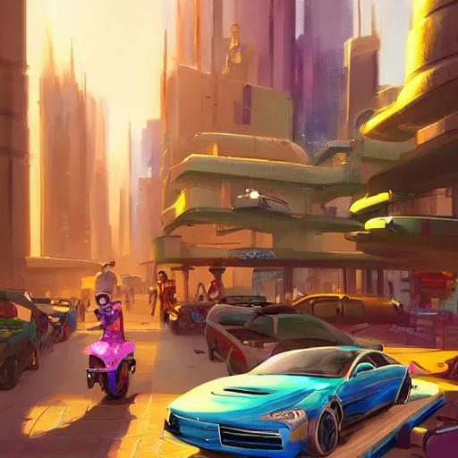 Image similar to swagger! lowrider culture, futuristic living large in the city by tyler edlin, bold colors, detailed, incredible lighting, great composition, artstation