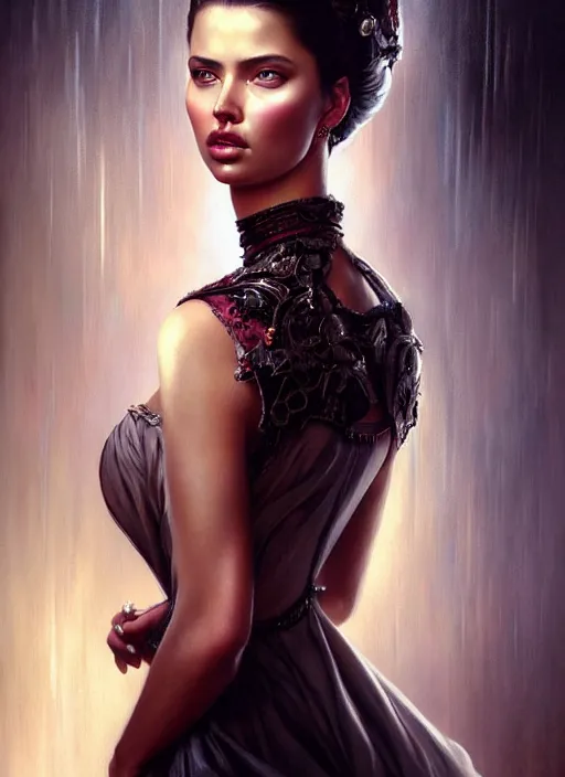 Prompt: a beautiful woman with baroque dress, adriana lima, painted by artgerm and tom bagshaw, fantasy art, dramatic lighting, highly detailed oil painting