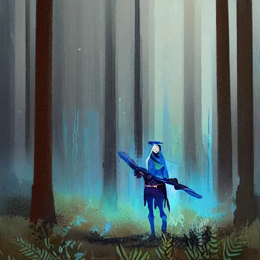 Image similar to medium shot painting of a blue - skinned wizard in a forest, by ismail inceoglu