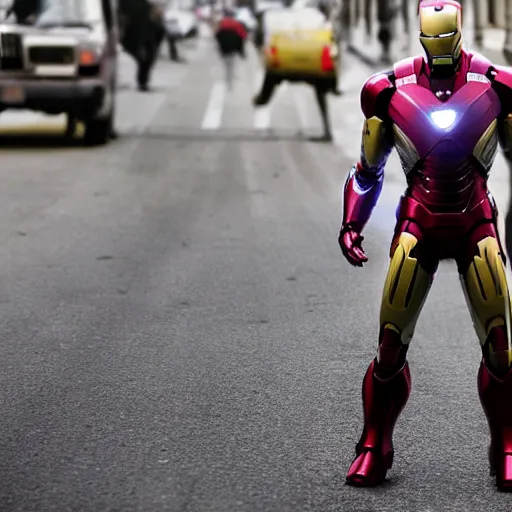 Image similar to iron man killing pedestrians, 4k realistic photo