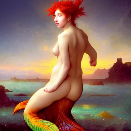 Image similar to a beautiful stunning interesting detailed fantasy whimsical matte digital portrait illustration of a mermaid with blue-green hair, yellow-orange and red-violet spectacular sunset, in the style of William Adolphe-Bouguereau and Marc Simonetti, magic the gathering, trending on artstation hq, contest winner