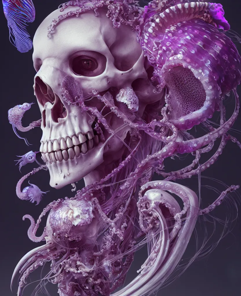 Image similar to goddess close - up portrait human skeleton, ram skull, squid phoenix jellyfish, orchid, betta fish, bioluminiscent, intricate artwork by tooth wu and wlop and beeple. octane render, trending on artstation, greg rutkowski very coherent symmetrical artwork. cinematic, hyper realism, high detail, octane render, 8 k