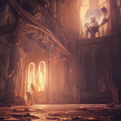 Image similar to A epic and beautiful rococo painting of a angelic werewolf inside a burning cathedral. ghost in the shell style. ultra-detailed. Anime, pixiv, UHD 8K CryEngine, octane render