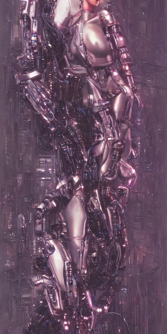 Image similar to beauty Blade Runner woman, robotic, cyberpunk, lots of cables and wiring, electrical details, neon laser eyes, trending on artstation, by Hajime Sorayama and Boris Vallejo