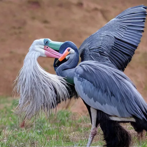 Image similar to shoebill stork chasing james corden, realistic,