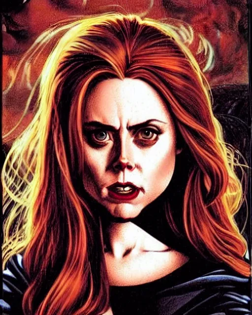 Prompt: rafeal albuquerque comic art, tintoretto : : gorgeous vampire amy adams : : sharp teeth, open mouth sneer : : symmetrical face, symmetrical eyes : : gorgeous red hair : : magic lighting, low spacial lighting : :