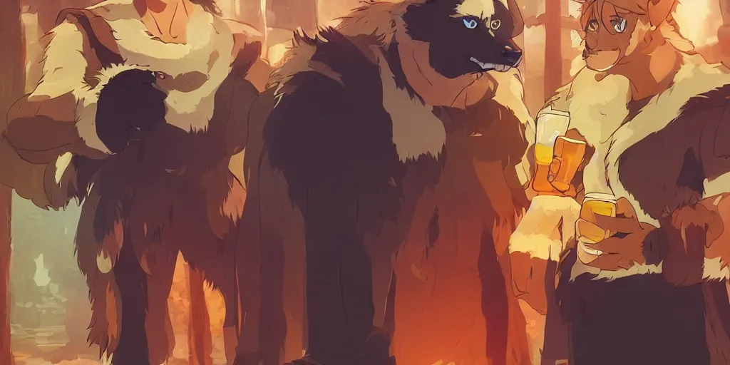 Image similar to a two muscular german shepherds beast - men, holding a mug of beer, a lot of pockets, fur cape, tavern background, magical, bright, colorful, fantastic lighting, amazing details, 4 k uhd, illustration by hayao miyazaki and makoto shinkai and ilya kuvshinov, artstation, pixiv,