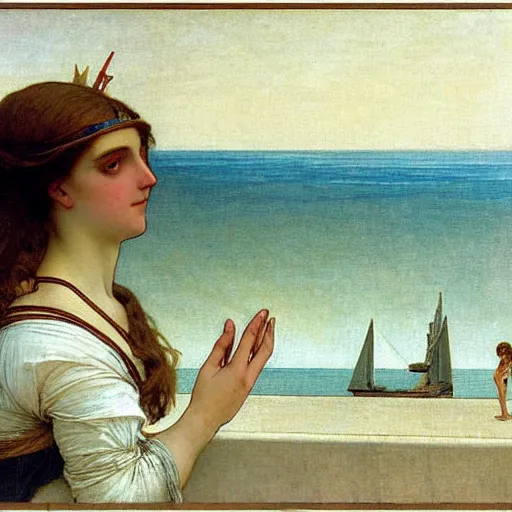 Prompt: A girl behind the beach castle balustrade, sail boat on the background, major arcana palace occult, by paul delaroche, alphonse mucha and arnold böcklin arnold böcklin hyperrealistic 8k, very detailed