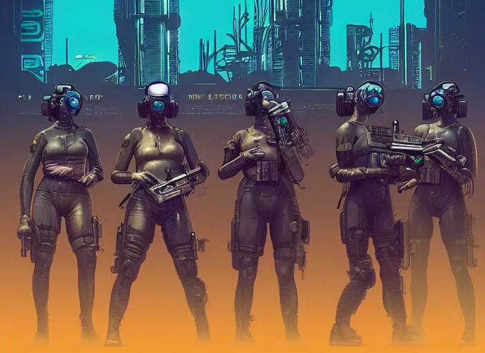 Prompt: cyberpunk swat team assaulting oil rig. portrait by stonehouse and mœbius and will eisner and gil elvgren and pixar. character design. realistic proportions. cyberpunk 2 0 7 7 character art, blade runner 2 0 4 9 concept art. cel shading. attractive face. thick lines. the team. diverse characters. artstationhq.