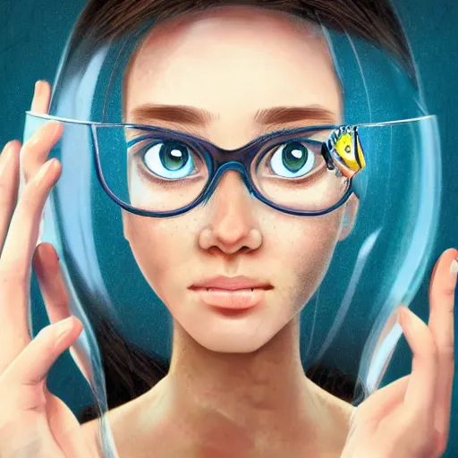 Prompt: a portrait of a girl with fish inside her rounded glass digital art, trending on art station, high detailed