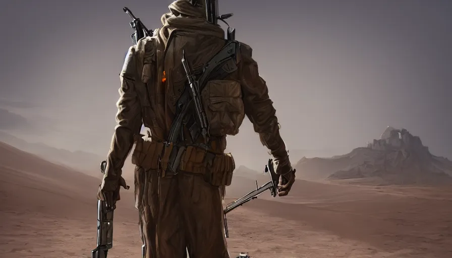 Image similar to Bounty hunter in trench coat walking alone towards the sun with his rifle on his shoulder in the desert, hyperdetailed, artstation, cgsociety, 8k