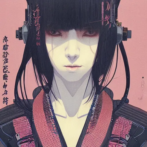 Image similar to a beautiful ukiyo painting of cyberpunk woman, wearing space techwear, detailed symmetrical close up portrait, intricate complexity, by takato yamamoto, wlop, krenz cushart. cinematic dramatic atmosphere, sharp focus