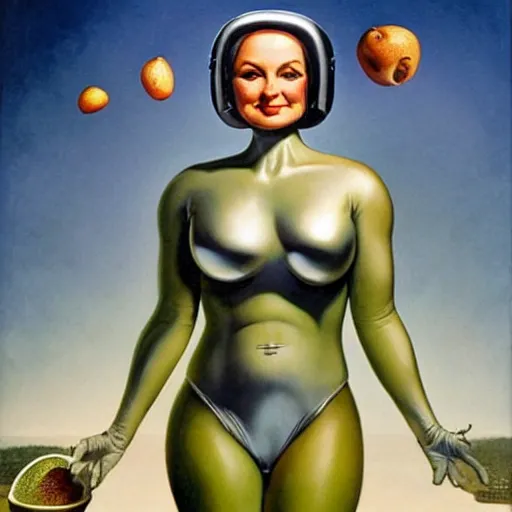 Prompt: beautiful Whitley Streiber Roswell grey alien extraterrestrial species female babe in a tight fitting silver metallic bikini spacesuit, , big pear-shaped head, green skinned, big black almond shaped alien eyes by Mort Kunstler and Gil Elvgren