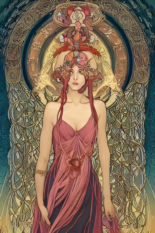 Prompt: Nephthys the goddess of death, in style blend of Botticelli and alphonse mucha and brom, amazing detail, stunning lines, flat colors, 4K, digital illustration, character concept