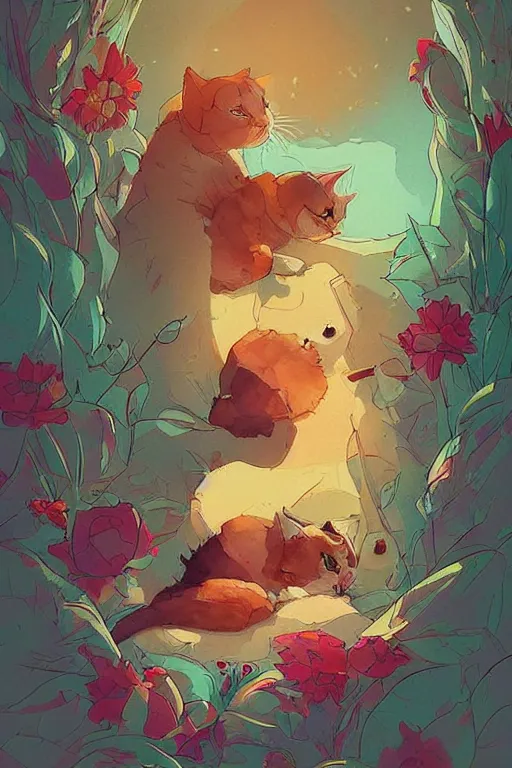 Image similar to a digital art of a cat sleeping in the room with flowers around in the afternoon, the sun shines in, storybook art, watercolor, detailed, cute, by anton fadeev, featured on artstation