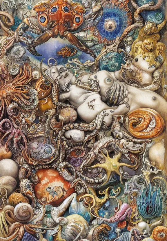 Image similar to simplicity, colorful muscular eldritch bodies and mollusks and crabs radiating around fractal, mandala white bones, colorful gems, brush pen, by h. r. giger and esao andrews and maria sibylla merian eugene delacroix, gustave dore, thomas moran, pop art, chiaroscuro, biopunk, art nouveau