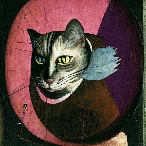 Image similar to portrait of the cat of cheshire bosch with pink and purple stripes and a malicious smile by hieronymus bosch. oil on wood