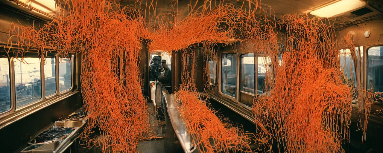 Image similar to train car covered in spaghetti, canon 5 0 mm, cinematic lighting, photography, retro, kodachrome film