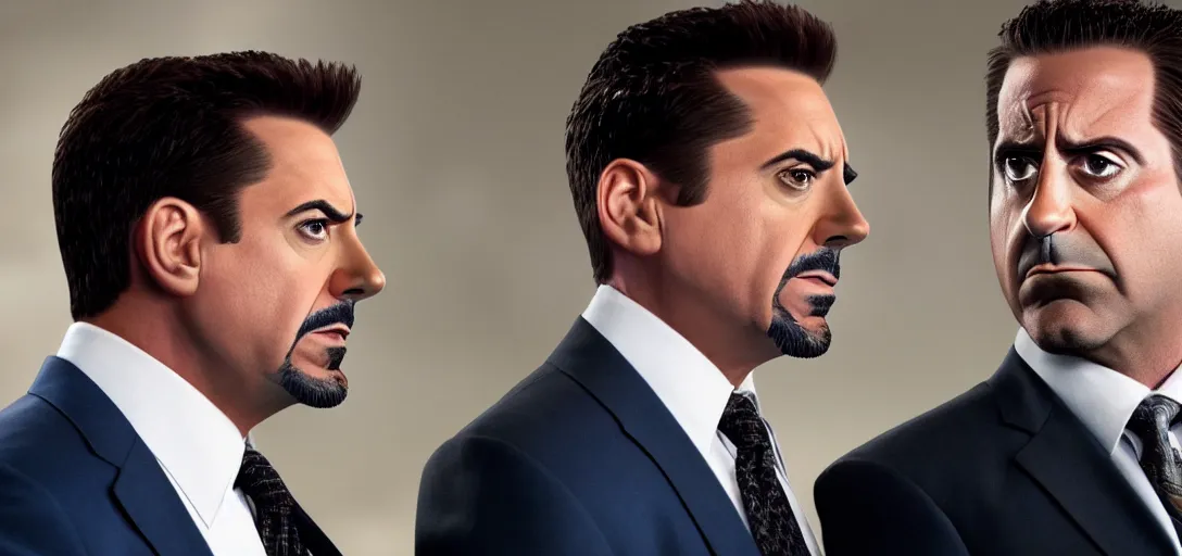 Image similar to a very high resolution image of tony stark with micheal scott. from an episode of the office. photorealistic, photography