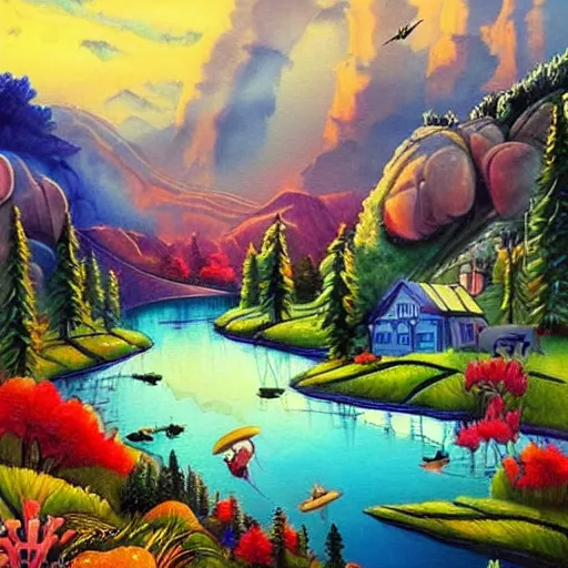 Image similar to A beautiful mixed mediart of a landscape. It is a stylized and colorful view of an idyllic, dreamlike world with rolling hills, peaceful looking animals, and a flowing river. The scene looks like it could be from another planet, or perhaps a fairy tale. by Sandra Chevrier churning, threatening