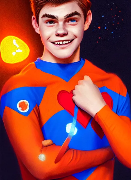 Image similar to friendly teenage archie andrews wearing an orange superhero costume with heart logo, heart, freckles, blue cape, heart emblem on chest, blue cape, intricate, elegant, glowing lights, highly detailed, digital painting, artstation, sharp focus, illustration, art by wlop, mars ravelo and greg rutkowski