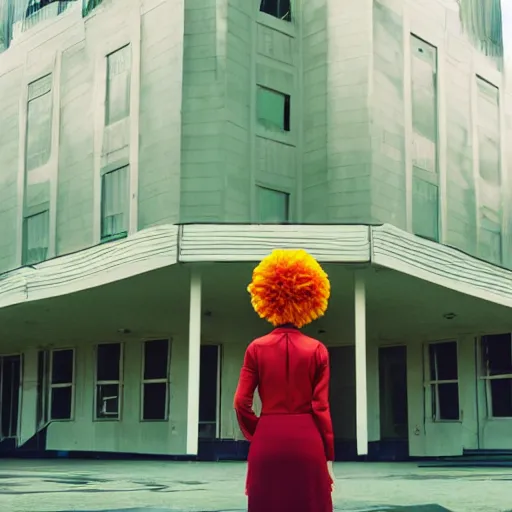 Image similar to giant flower head, frontal, woman standing in mid century building, surreal, symmetry, bright, tone in tone, cinematic, wes anderson