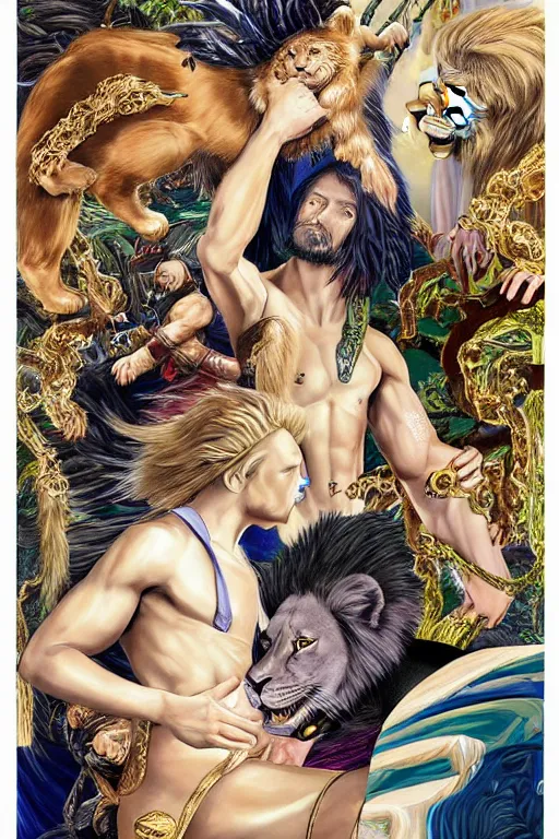 Prompt: hyperreality illustrator from karah mew in collaboration with jennifer mccord and tetsuya nomura, depicting hercules against the cremean lion, this image is very detailed and also very aesthetic, winning an award as the best pop art illustration of this century.