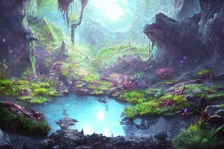 Image similar to beautiful stunning painting of a deep mysterious rocky varied cave landscape filled with large magic glowing clear crystals and filled with some ((plants)) and a small reflective pond, fantasy, digital art, realism, unreal engine, sharp, detailed, trending on artstation