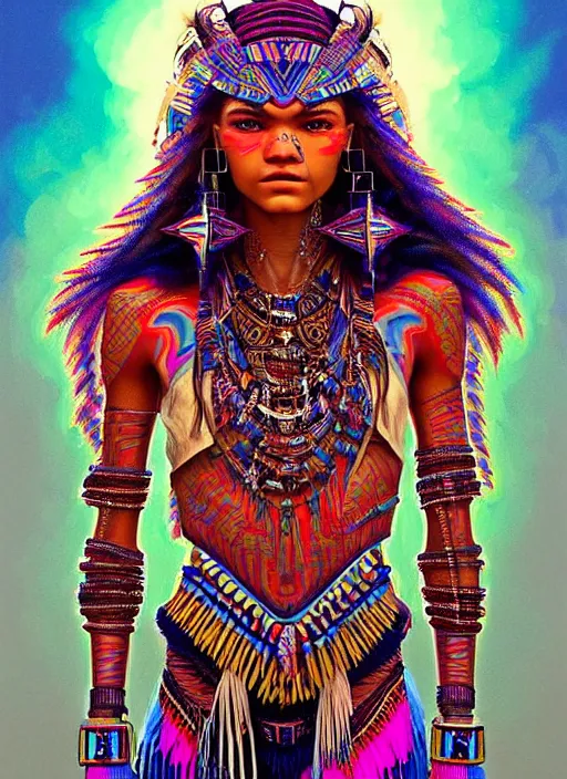 Prompt: portrait of zendaya, hyper detailed ultra sharp aztec shaman warrior. trending on artstation, warpaint aesthetic, bloodwave, colorful, psychedelic, ornate, intricate, digital painting, concept art, smooth, sharp focus, illustration, art by artgerm and greg rutkowski and h. r. giger, 8 k