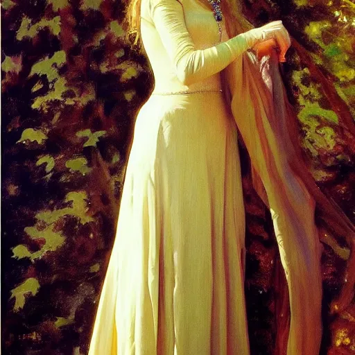 Prompt: full length portrait of a elven princess (Kate Winslet), oil canvas, inspired by John Singer Sargent's Ellen Terry as Lady Macbet