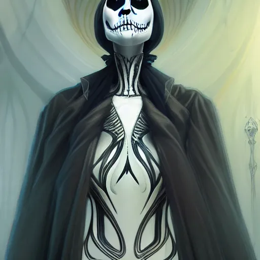 Image similar to symmetry!! beautifull portrait of jack skellington, intricate, elegant, highly detailed, my rendition, digital painting, artstation, concept art, smooth, sharp focus, illustration, art by artgerm and greg rutkowski and alphonse mucha