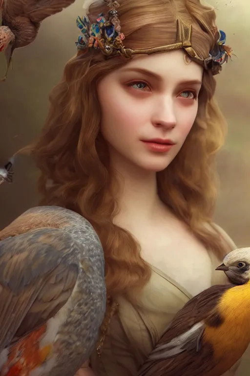 Prompt: close up 3 d render of english princess holding birds, beautiful face, realistic face, closeup, ornaments, mucha vibe, dieselpunk, solarpunk, artstation, andrei riabovitchev