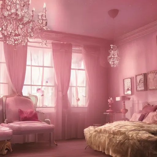 Prompt: a pink garden universe captured in a room with lights and clouds and mirrors photorealistic ultra detailed 8 k, digital painting, unreal engine, 3 d render