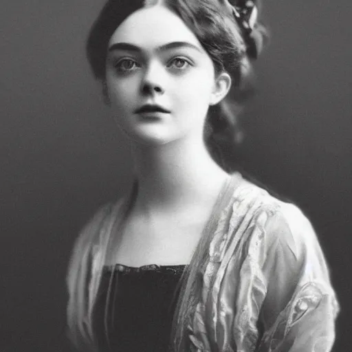 Prompt: headshot edwardian photograph of elle fanning, realistic face, trending on artstation, 1 9 1 0 ss, 1 9 0 0 s, 1 9 2 0 s, grainy, victorian, detailed, slightly blurry