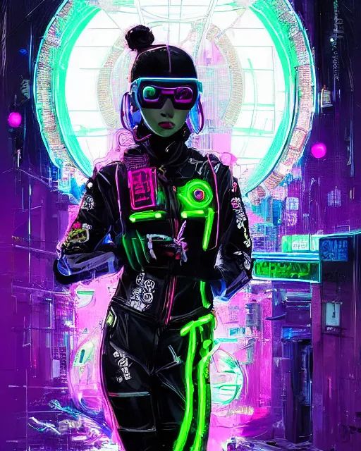 Image similar to detailed portrait Neon Operator Girl, cyberpunk futuristic neon, reflective catsuit, decorated with traditional Japanese ornaments by Ismail inceoglu dragan bibin hans thoma !dream detailed portrait Neon Operator Girl, cyberpunk futuristic neon, reflective puffy coat, decorated with traditional Japanese ornaments by Ismail inceoglu dragan bibin hans thoma greg rutkowski Alexandros Pyromallis Nekro Rene Maritte Illustrated, Perfect face, fine details, realistic shaded, fine-face, pretty face