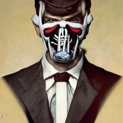Image similar to frontal portrait of a suited man with medical gloves and a skull face mask, by Gerald Brom and Norman Rockwell