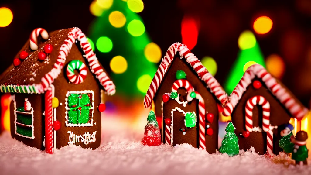 Prompt: closeup of colorful miniature gingerbread house at night, gingerbread people!!!, candy canes, forest, christmas, snow, claymation, bokeh, depth of field 1 0 0 mm, cinematic scene, studio quality, visually stunning, unreal engine, octane render