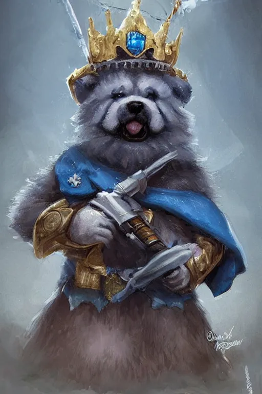 Image similar to cute anthropomorphic blue tong chow chow knight wearing a cape and a crown and holding a sniper, tiny, small, miniature chow chow, baby animal, short, pale blue armor, cute and adorable, pretty, beautiful, DnD character art portrait, matte fantasy painting, DeviantArt Artstation, by Jason Felix by Steve Argyle by Tyler Jacobson by Peter Mohrbacher, cinematic lighting