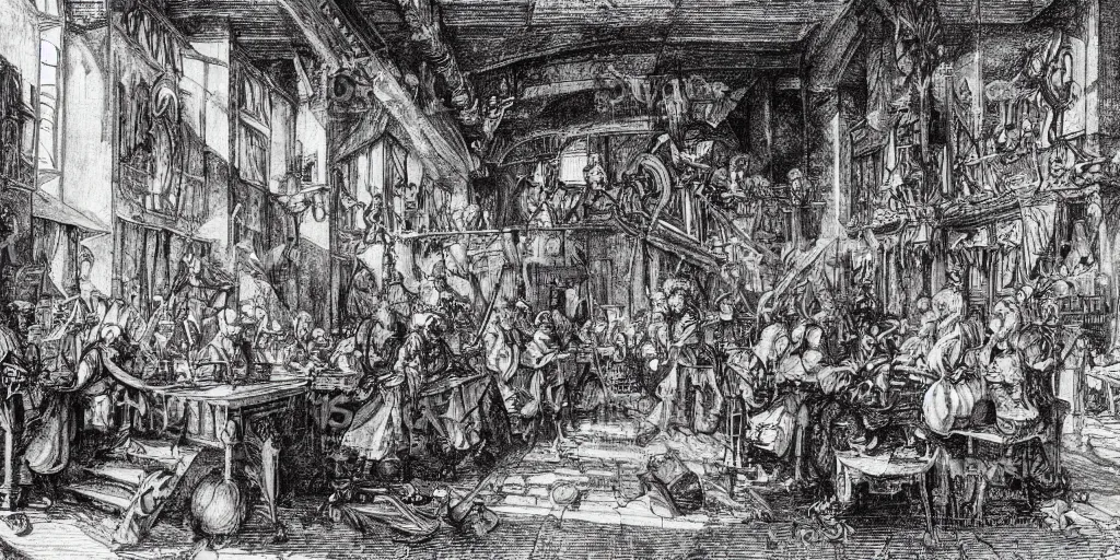 Image similar to fantasy tavern interior, d & d, art by albrecht durer and piranesi, black ink sketch, black and white, vector, vector art