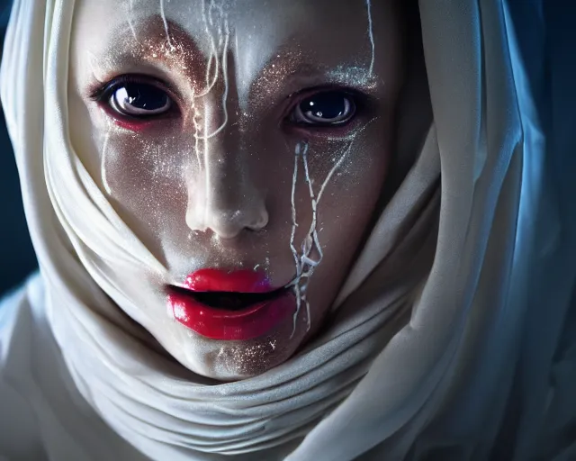 Image similar to a film still of a synthetic female human wrapped in white cloth, mouth agape, tribal facepaint, in neotokyo, cinematic lighting, high resolution, 4 k