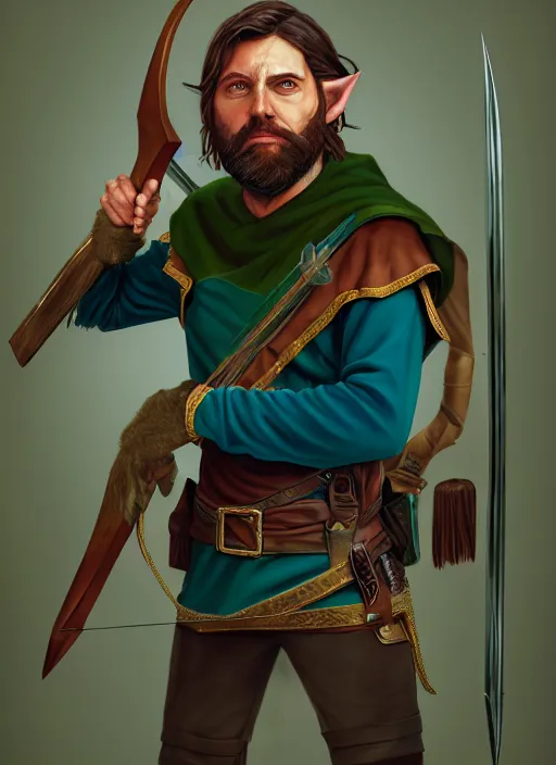 Image similar to A striking epic realism comic book style portait painting of an arrogant half-elf ranger, teal tunic, teal headband, shaggy brown hair, scruffy beard, holding crossbow, D&D Concept Art, unreal 5, DAZ, hyperrealistic, octane render, cosplay, RPG portrait, dynamic lighting