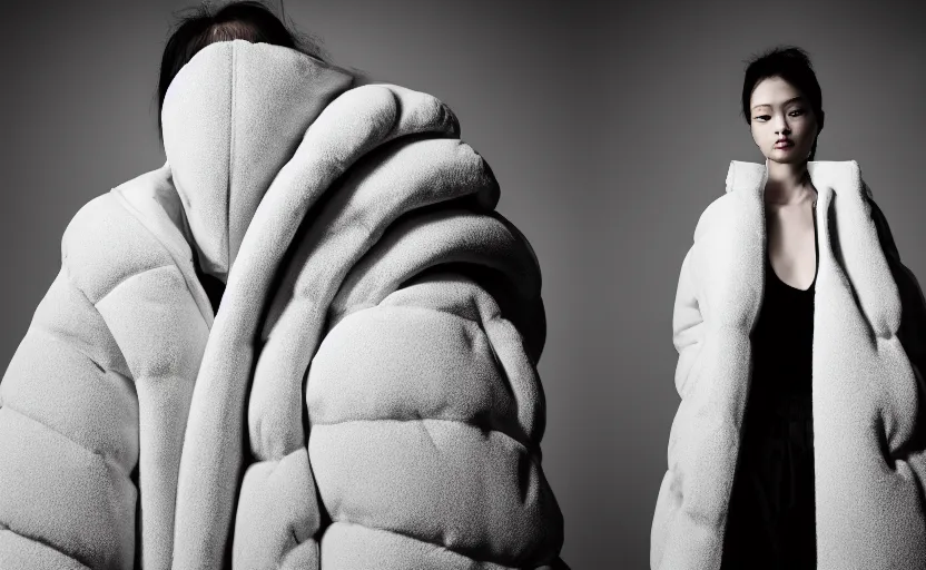 Image similar to well lit fashion shoot portrait of extremely beautiful female marble statue wearing huge over size puffer jacket by dingyun zhang, yeezy, balenciaga, vetements, a cold wall, sharp focus, clear, detailed,, cinematic, detailed, off white, glamourous, symmetrical, vogue, editorial, fashion, magazine shoot, glossy