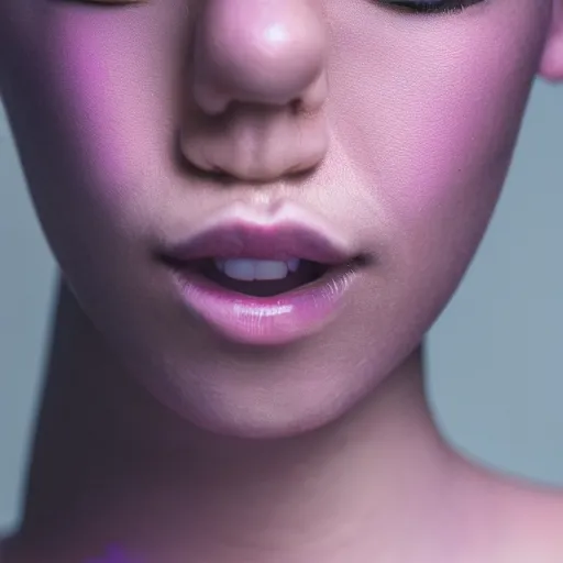 Image similar to photo of slim girl, 2 0 yo, close - up, high detail, studio, smoke, sharp, pink violet light, studio, 8 5 mm sigma art lens