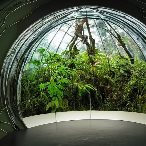 Image similar to photo of a beautiful rainforest habitat in a dome on the moon