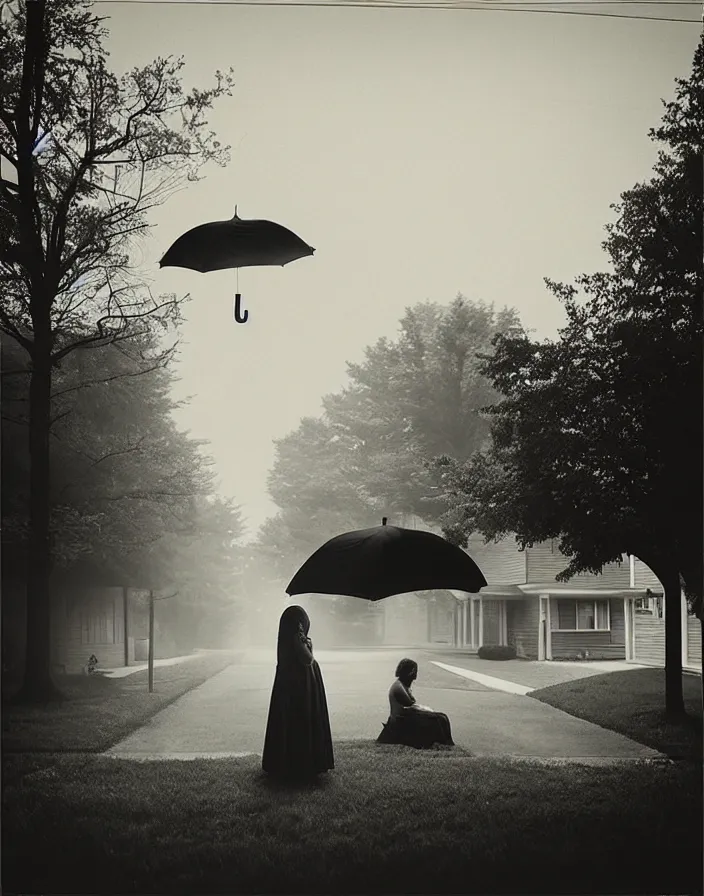 Image similar to “ gregory crewdson, photograph, quiet american neighborhood, a woman waiting holding a transparent umbrella ”
